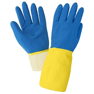 Flock-Lined Rubber Chemical Resistant Gloves w/Neoprene Coating, 244, Blue/Yellow