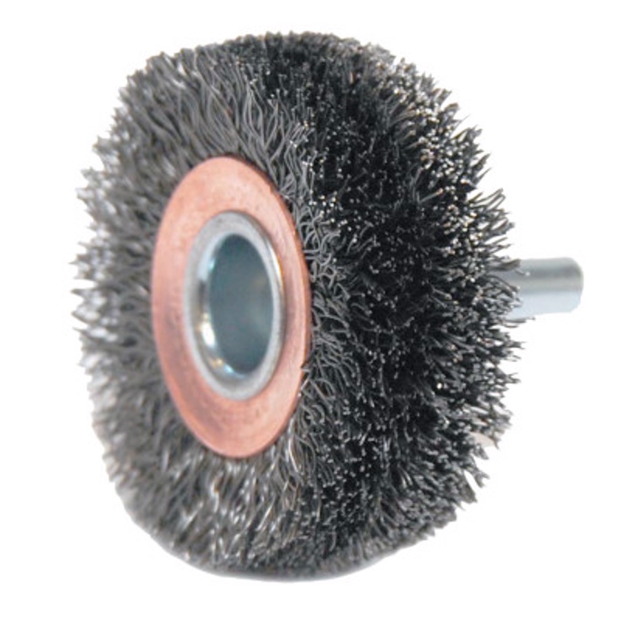 Wide Face Stem-Mounted Crimped Wire Wheel, 17619, 2" Diameter, 0.0118" Steel Fill, 1/4" Stem