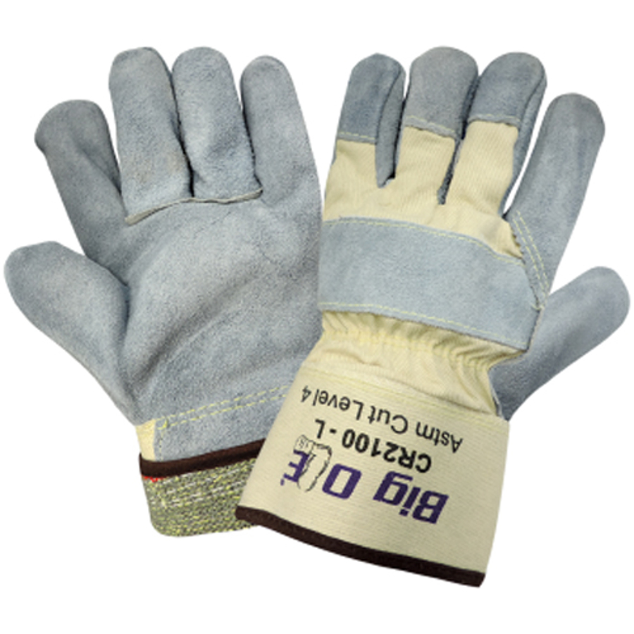 Big Ole Split Cowhide Cut Resistant Gloves w/Leather Palm Wraps, CR2100, Gray/Natural