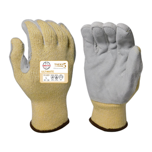 Taeki5 Cut Resistant Gloves w/Leather Palm, 01-020, Cut A4, Gray/Yellow