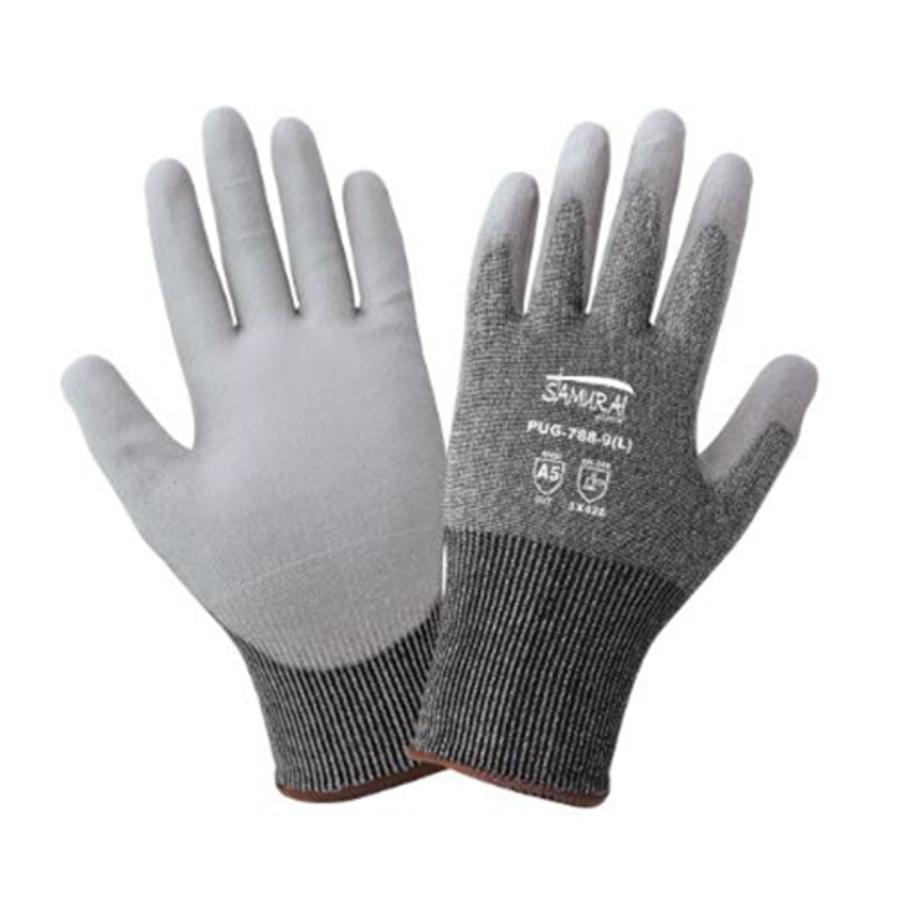 Samurai Glove Touchscreen Compatible UHMWPE Cut Resistant Gloves w/Polyurethane Palm Coating, PUG-788, Cut A5, Gray