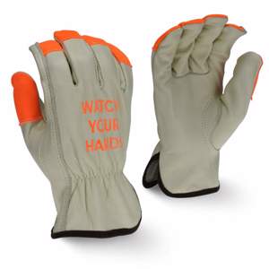Economy Standard Grain Cowhide Leather Drivers Gloves, RWG4221HV, Beige/Hi-Vis Orange