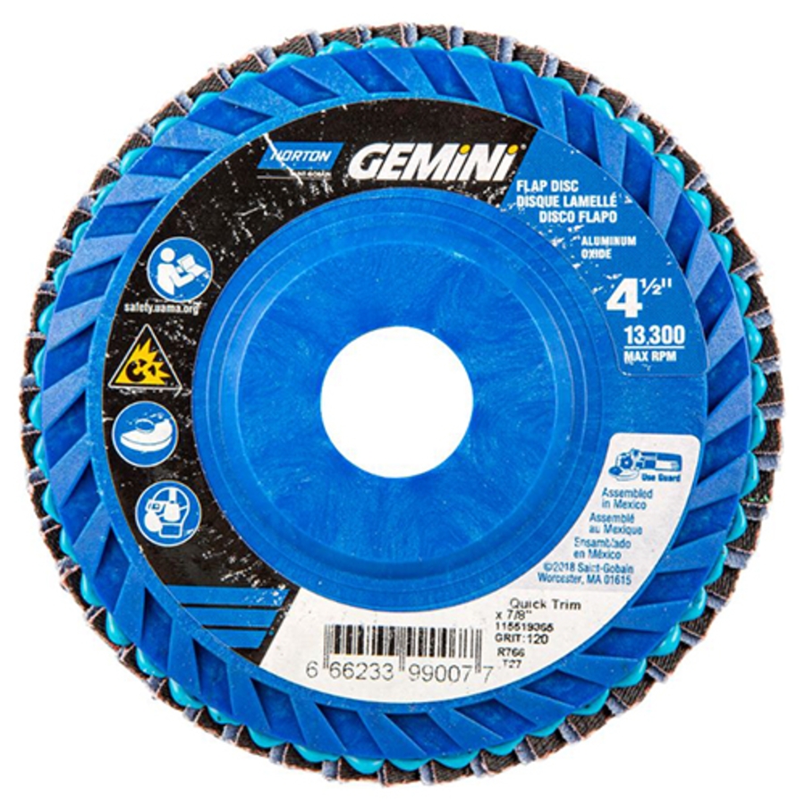 Gemini R822/R766 ZA Center Mount Plastic Flat Flap Disc, 66623399007, Type 27, 4-1/2" Diameter, 7/8" Arbor