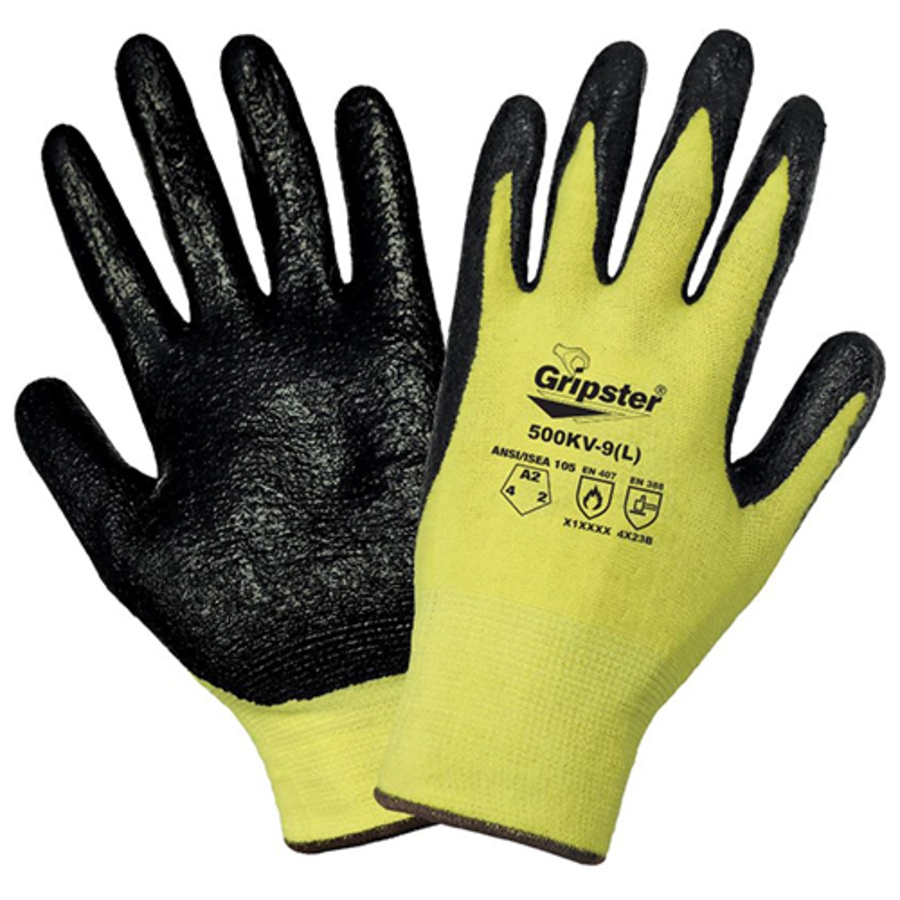 Gripster Kevlar & Aramid Fiber Cut Resistant Gloves w/Nitrile Palm Coating, 500KV, Cut A2, Black/Yellow