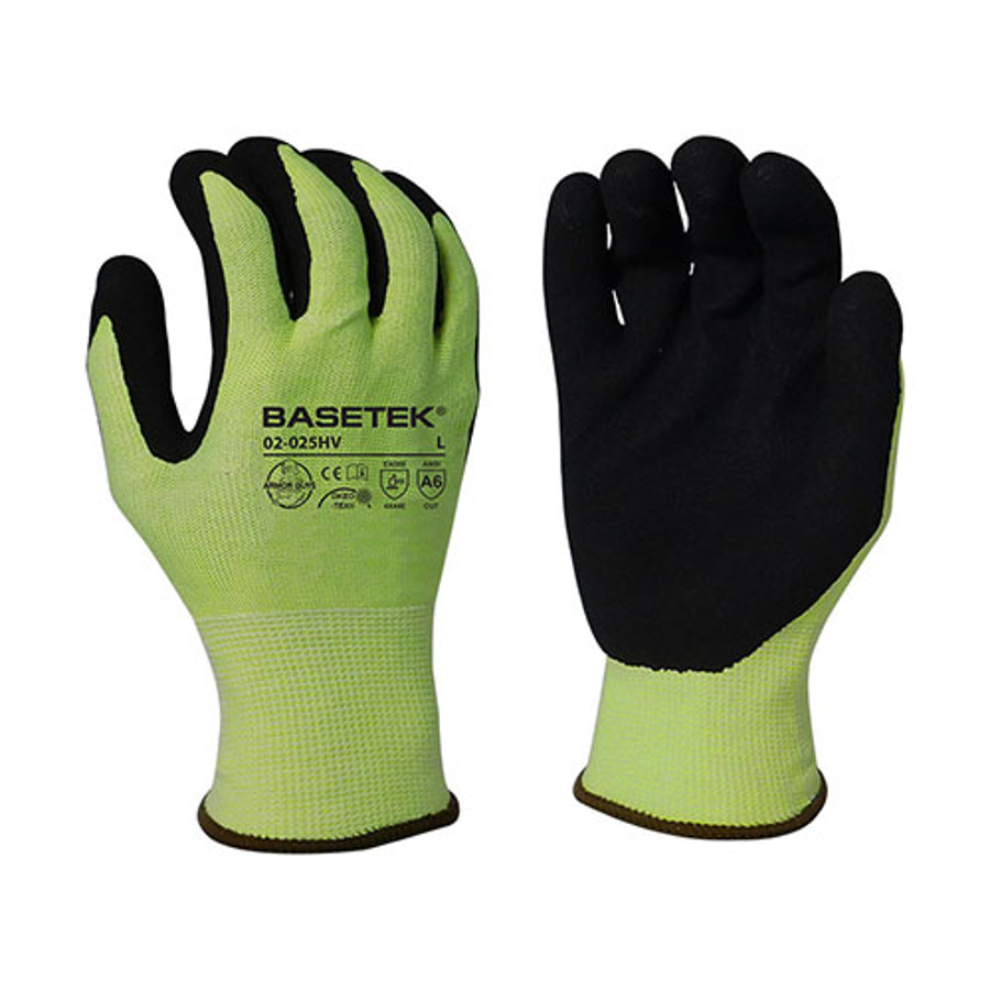 Basetek HDPE Cut Resistant Gloves w/HCT Micro-Foam Nitrile Palm Coating, 02-025HV, Black/Hi-Vis Yellow