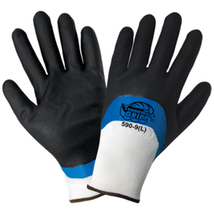 Tsunami Grip Nylon Gloves w/Three-Quarter Dipped Foam Nitrile Coating, 590, Cut A1, Black/Blue/White