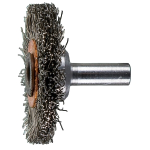 Crimped Wire Wheel Brush, 82906, 1-1/2" Diameter, 0.012" Stainless Steel Fill, 1/4" Shank