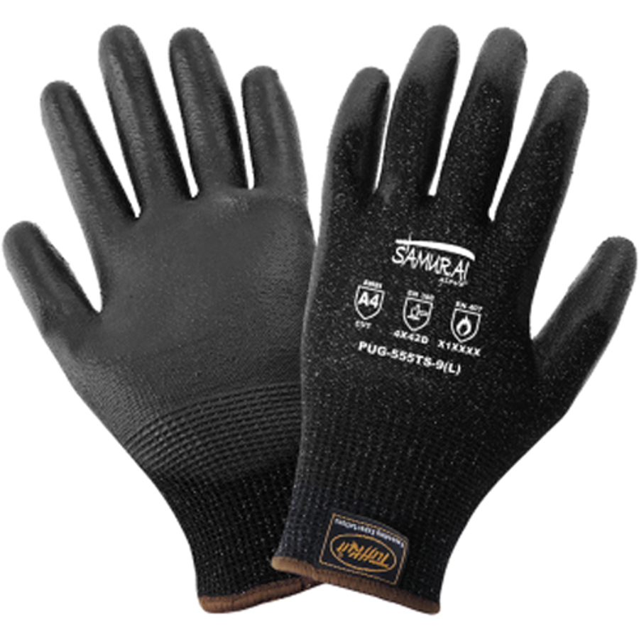 Samurai Glove Touchscreen Compatible TuffKut Cut Resistant Gloves w/Polyurethane Palm Coating, PUG-555TS, Cut A4, Black