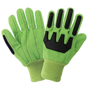 Cotton/Polyester Gloves w/Corded Palms & TPU Impact Protection, C18GRCPB, Black/Green, One Size
