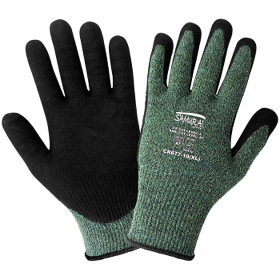 Samurai Glove Aralene Cut Resistant Gloves w/Nitrile/PU Palm Coating, CR677, Cut A7, Black/Green