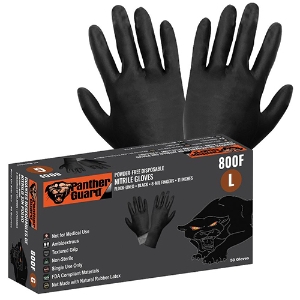 Panther-Guard Flock-Lined Powder-Free Disposable Nitrile Gloves, 800F, Black