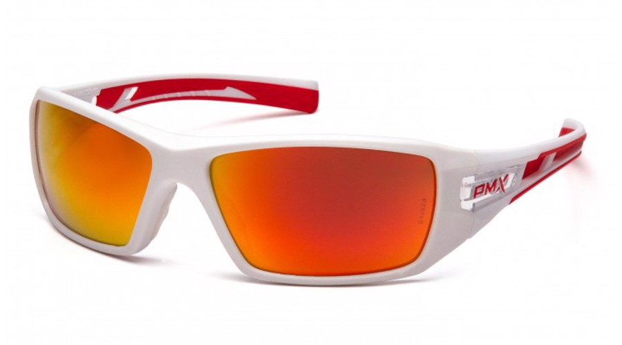 Velar Safety Glasses, White/Red Frame, Sky Red Mirror Lens