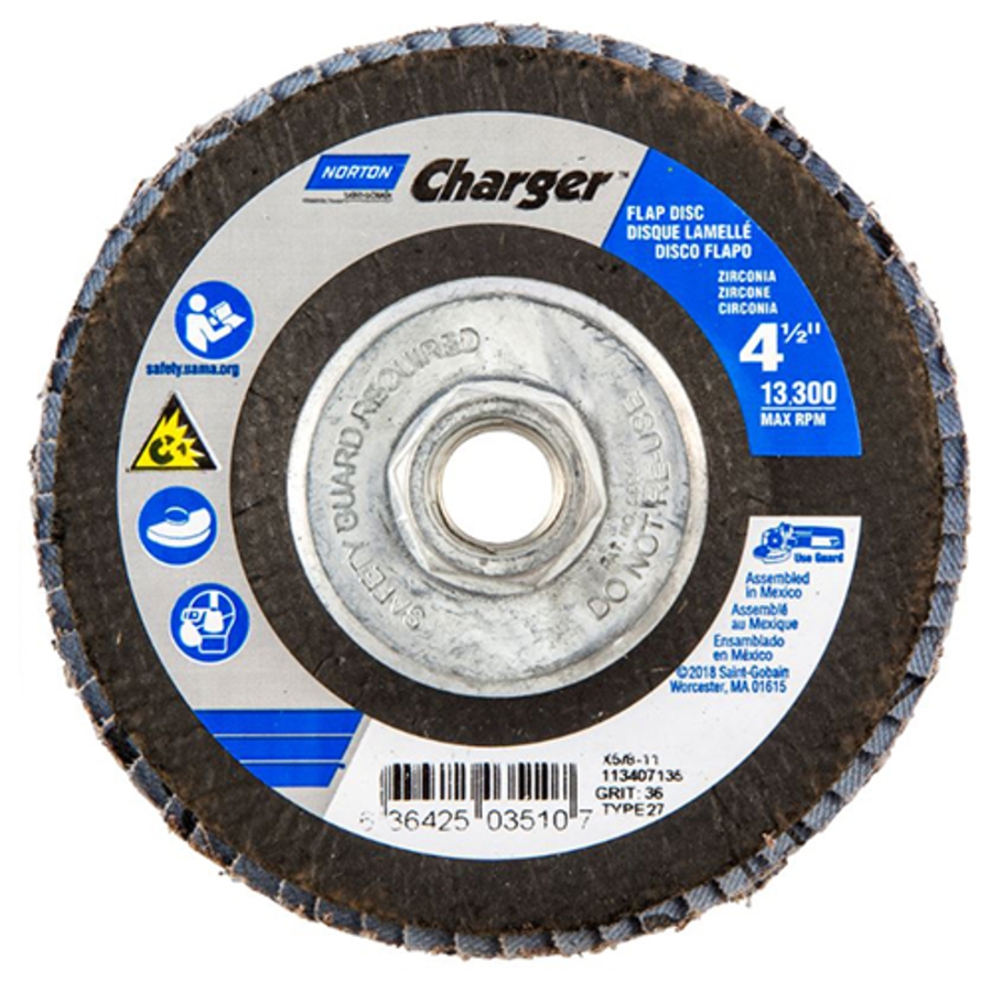 Charger R822/R842 ZA Fiberglass Flat Flap Disc, 63642503511, Type 27, 4-1/2" Diameter, 5/8"-11 Arbor, P40 Grit