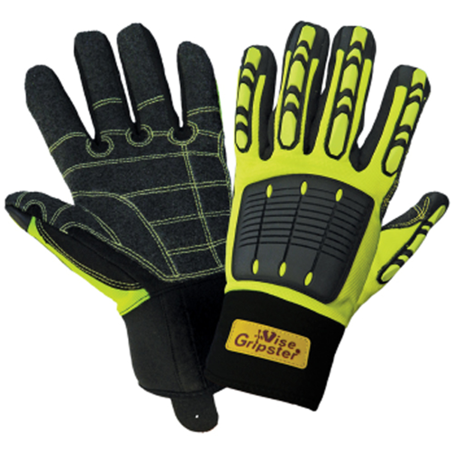 Vise Gripster Spandex Mechanics Gloves w/Synthetic Leather Palms & TPU Impact Protection, SG9966, Cut A3 Palm, Black/Hi-Vis Green