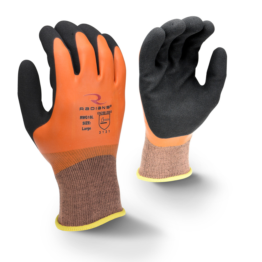 Nylon Work Gloves w/Fully Dipped Latex Coating & Sandy Foam Latex Coated Palm, RWG18, Black/Hi-Vis Orange