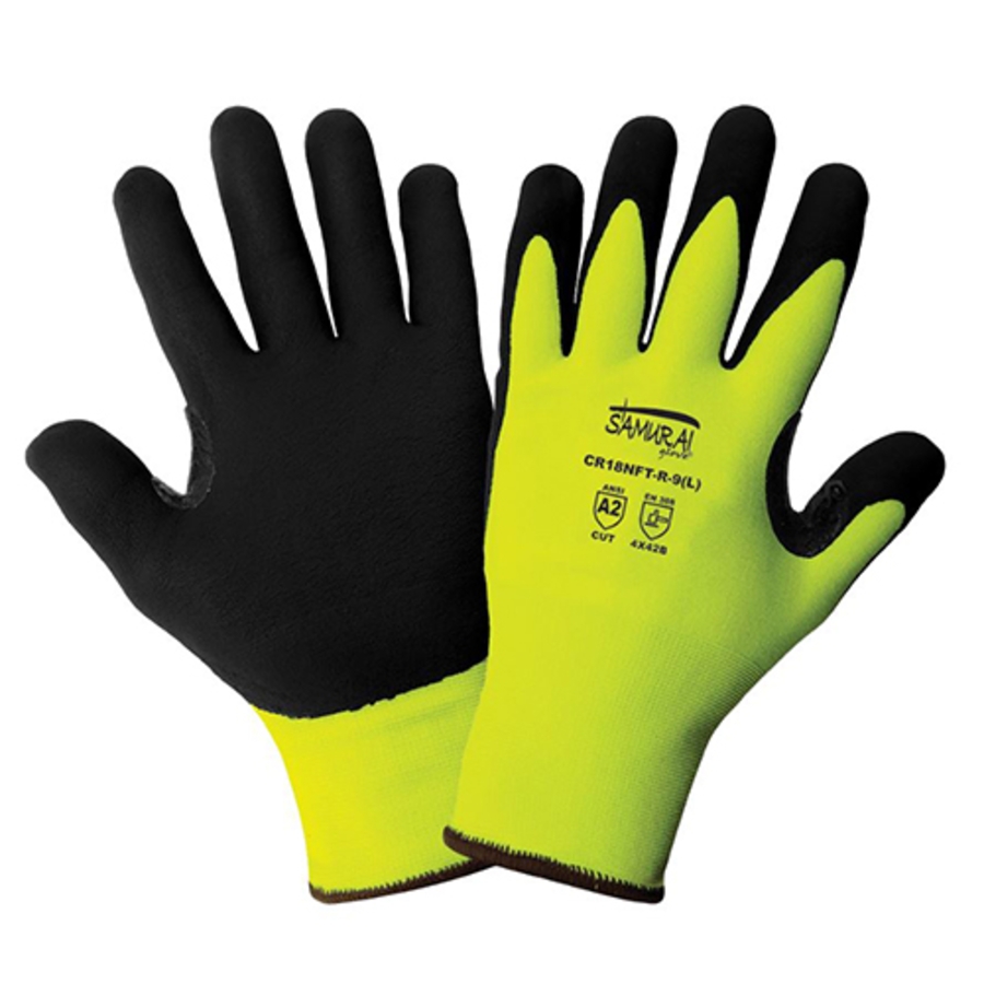 Samurai Glove UHMWPE Cut Resistant Gloves w/Nitrile Palm Coating, CR18NFT-R, Cut A2, Black/Hi-Vis Green