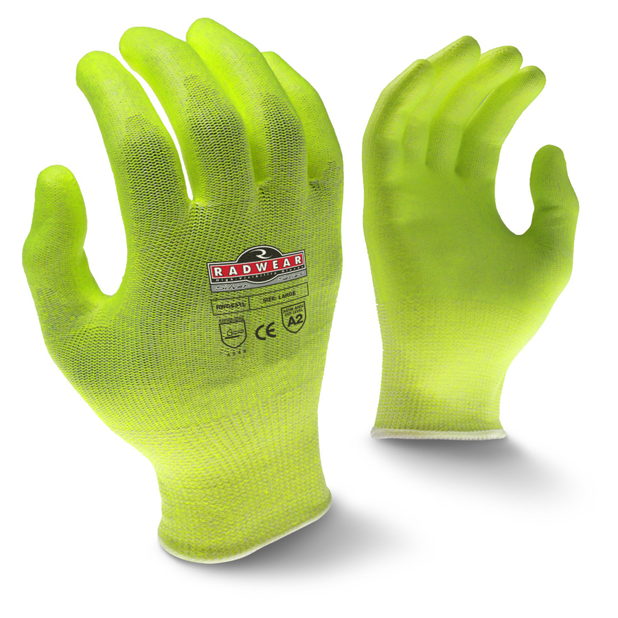 Radwear Silver Series HPPE Gloves w/Polyurethane Palm Coating, RWG531, Cut A2, Hi-Vis Green