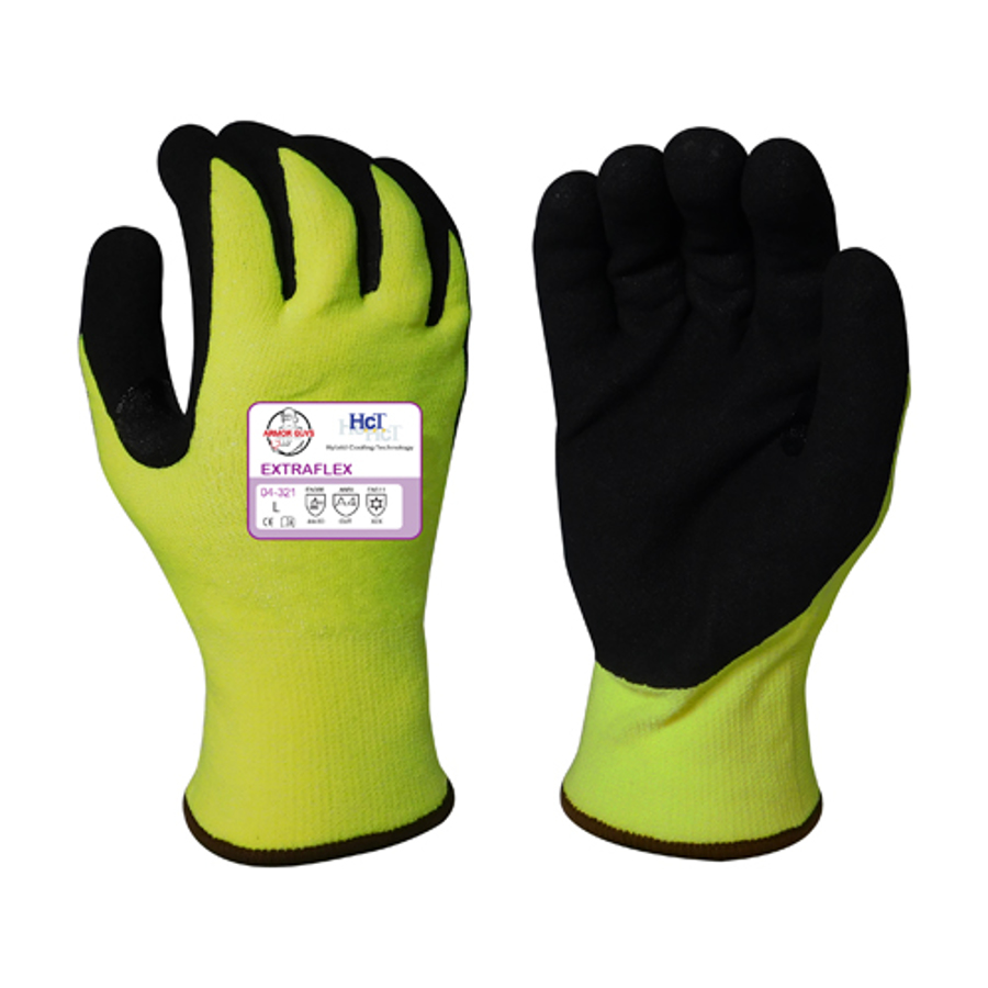 ExtraFlex Engineered Yarn Cut Resistant Gloves w/HCT Micro-Foam Nitrile Palm Coating, 04-321, Cut A4, Black/Hi-Vis Yellow