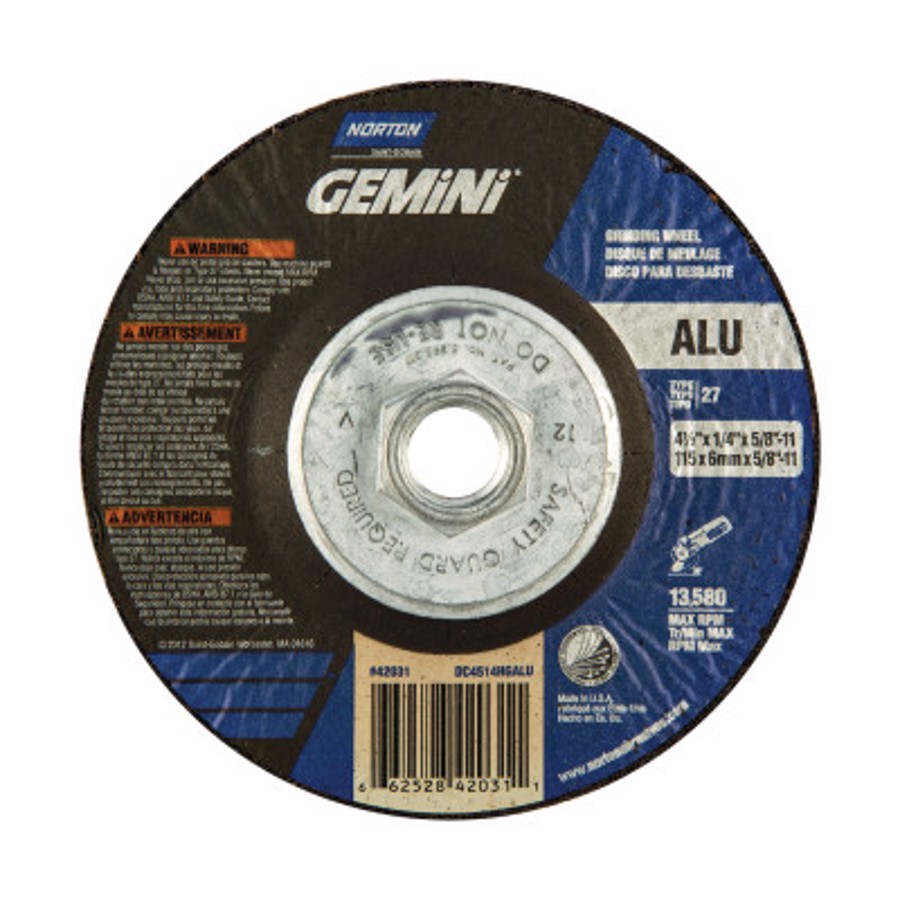 Gemini Grinding Wheel, 66252842031, Type 27, 4-1/2" Diameter, 1/4" Thickness, 5/8"-11 Arbor