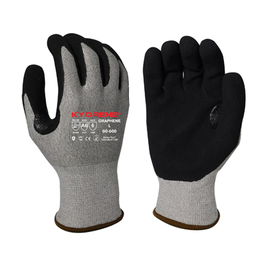 Kyorene Graphene Cut Resistant Gloves w/HCT Micro-Foam Nitrile Palm Coating, 00-600, Cut A6, Black/Gray