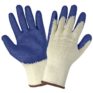 Medium Weight Cotton/Polyester String Knit Gloves w/Rubber Latex Palm Coating, S966, Blue/Natural