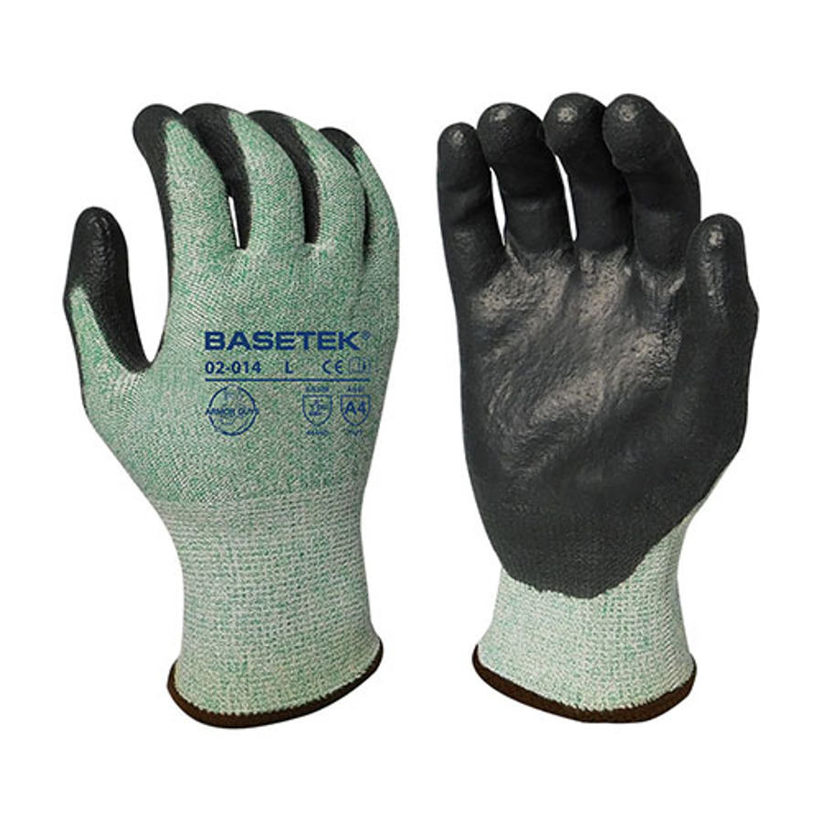 Basetek HDPE Cut Resistant Gloves w/Polyurethane Palm Coating, 02-014, Cut A4, Black/Green
