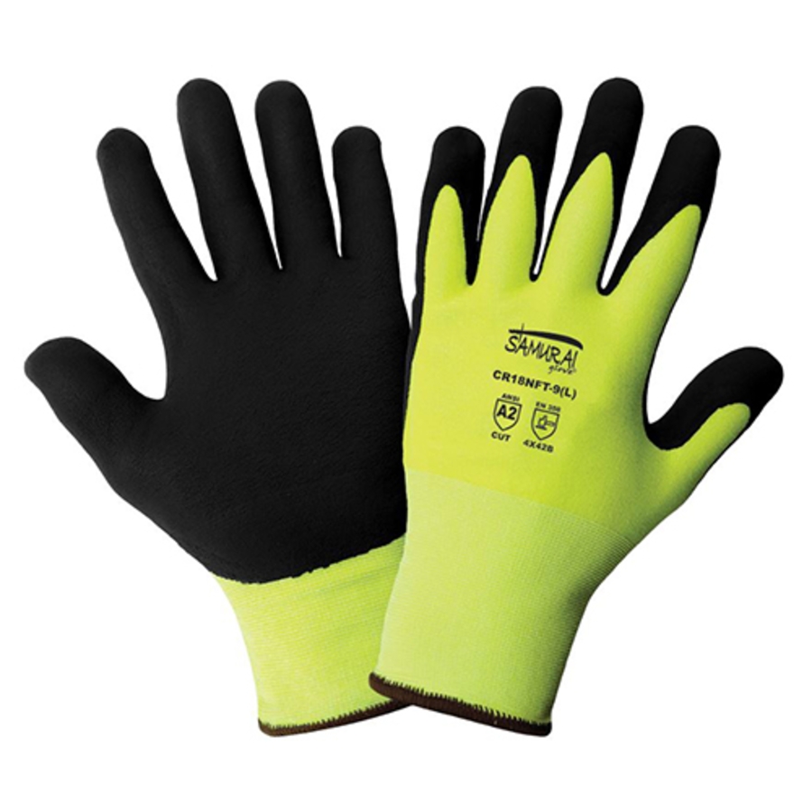 Samurai Glove UHMWPE Cut Resistant Gloves w/Nitrile Palm Coating, CR18NFT, Cut A2, Black/Hi-Vis Green