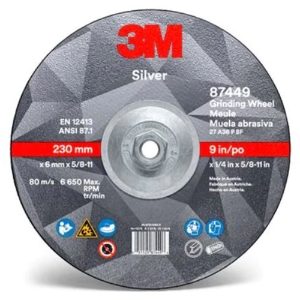 Silver Depressed Center Grinding Wheel, 87449, Type 27, 9" Diameter, 1/4" Thickness, 5/8"-11 Arbor Thread