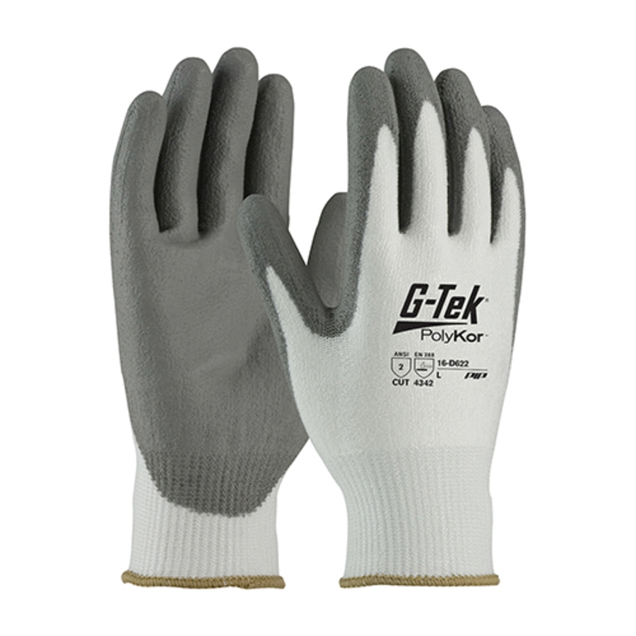 G-Tek PolyKor Seamless Cut Resistant Gloves w/Polyurethane Palm Coating, 16-D622, Cut A2, Gray/White