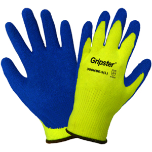 Gripster Polyester Gloves w/Rubber Palm Coating, 300NBE, Cut A1/A2, Blue/Hi-Vis Green