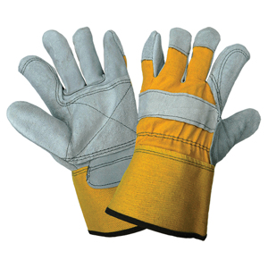 Premium Split Cowhide Leather Double Palm Gloves, 2190DP, Gray/Yellow, Large