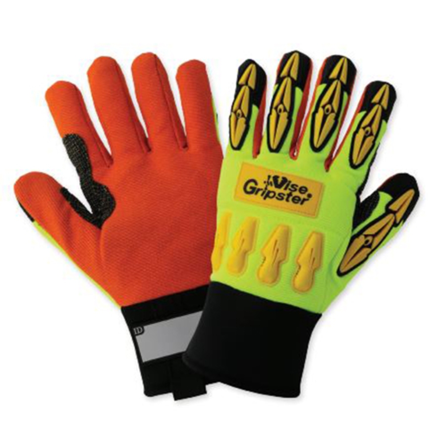 Vise Gripster Nylon/Spandex Mechanics Gloves w/Corded Cotton Palms & TPR Impact Protection, SG9955, Black/Hi-Vis Green/Orange/Yellow