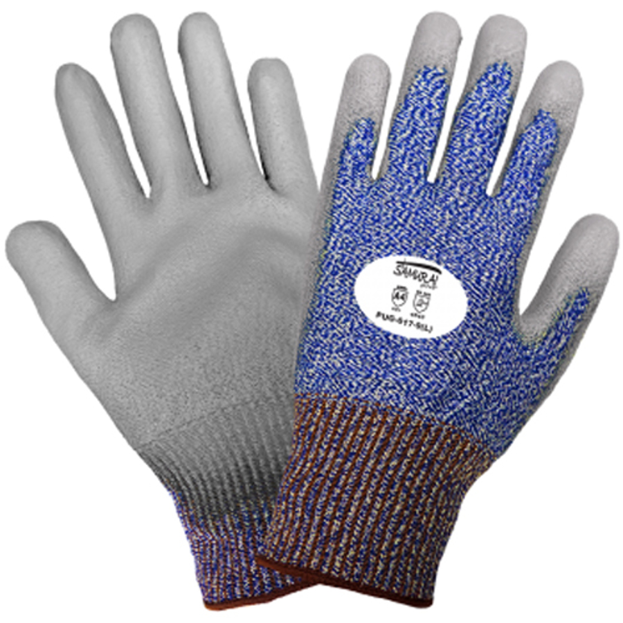 Samurai Glove UHMWPE Cut Resistant Gloves w/Polyurethane Palm Coating, PUG-617, Cut A4, Blue/Gray/Red