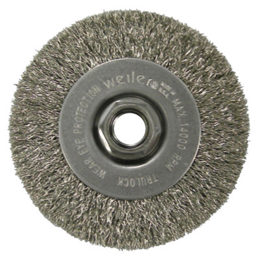 Narrow Face Crimped Wire Wheel, 13085, 4" Diameter, 0.014" Stainless Steel Fill, 5/8"-11 Arbor Thread