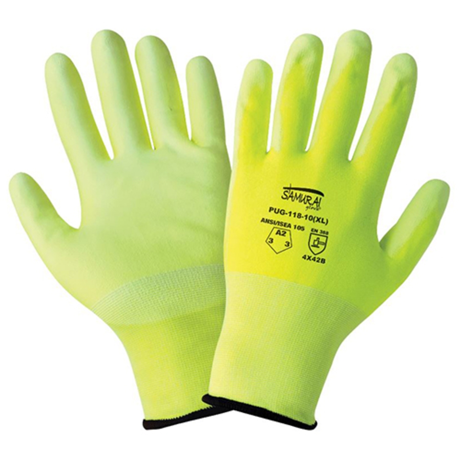 Samurai Glove UHMWPE Cut Resistant Gloves w/Polyurethane Palm Coating, PUG-118, Cut A2, Hi-Vis Green